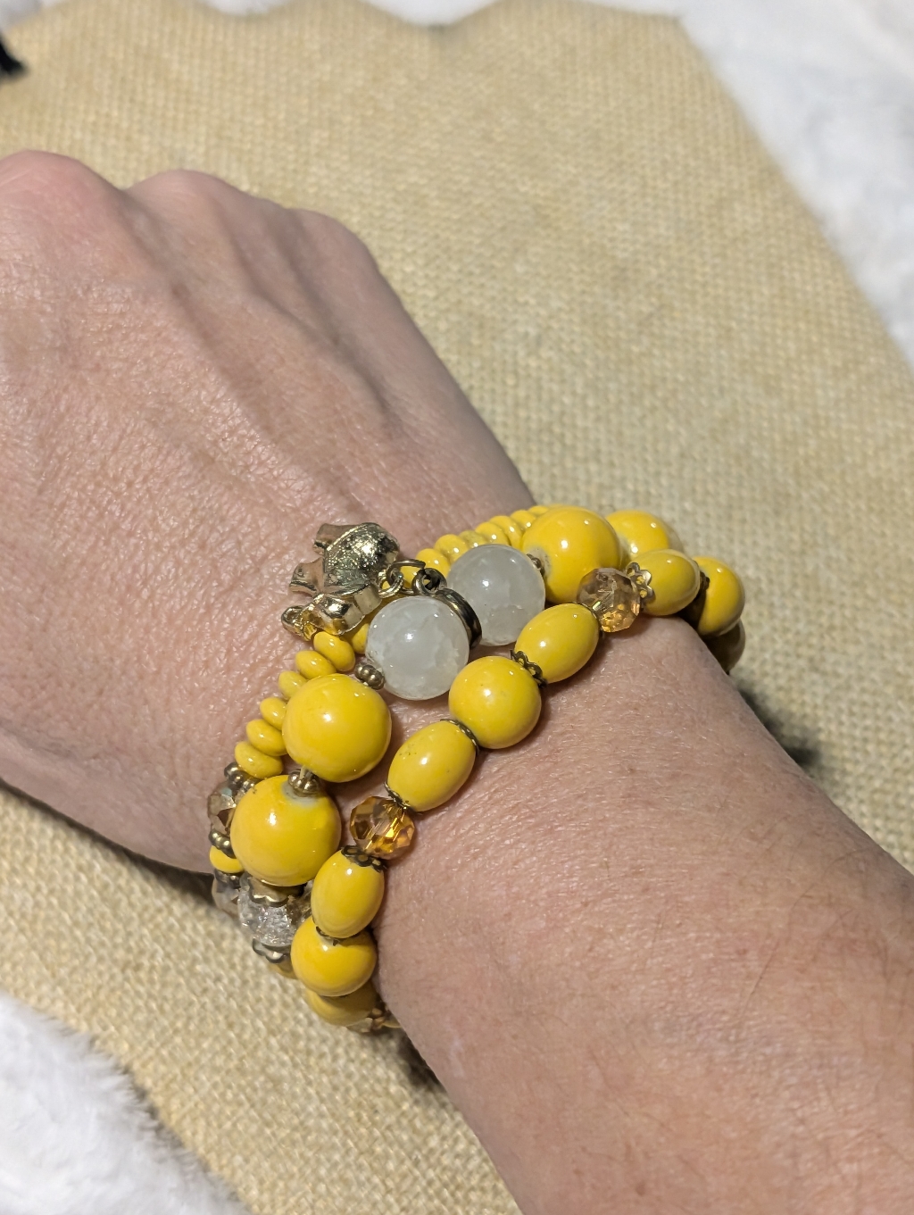 Boho Bright Yellow Beaded Stretch Bracelet Set Of 3 Gold Tone Elephant Charm